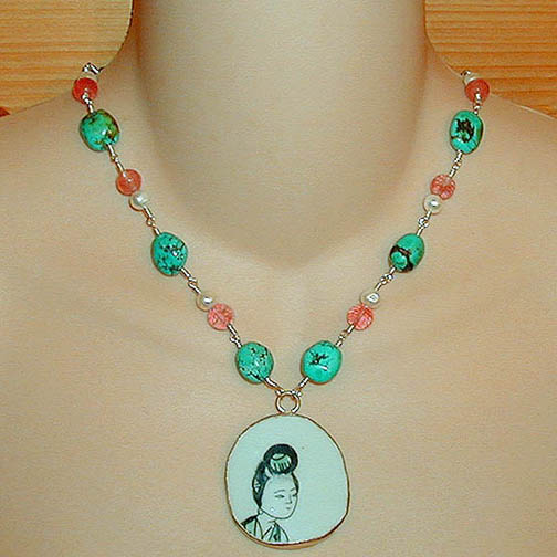 Ming Pottery Shard Necklace w/ Cherry Quartz, Turquoise & Pearl
